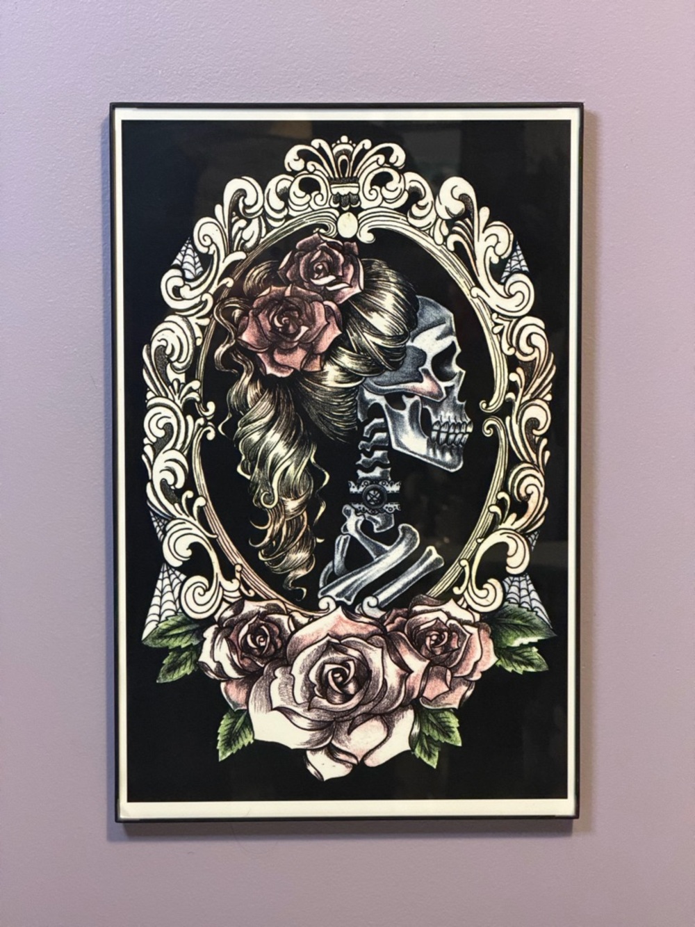 Baroque Coquette Lady Skull And Roses Poster Board Framed Print